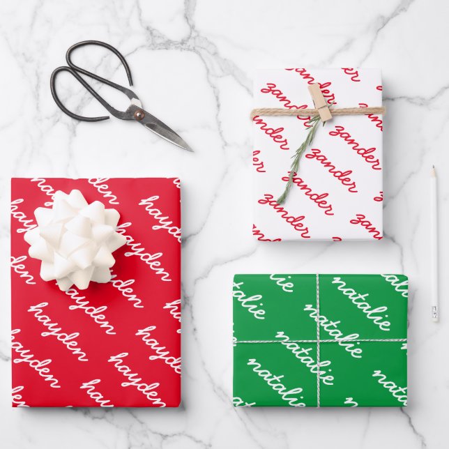 Add-Your-Name Red White and Green Christmas  Geschenkpapier Set (Vorderseite)