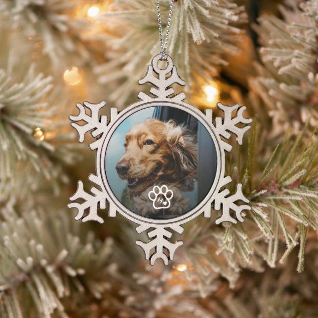 Add Your Own Photo Dog Pets Monogram Schneeflocken Zinn-Ornament (Baum)
