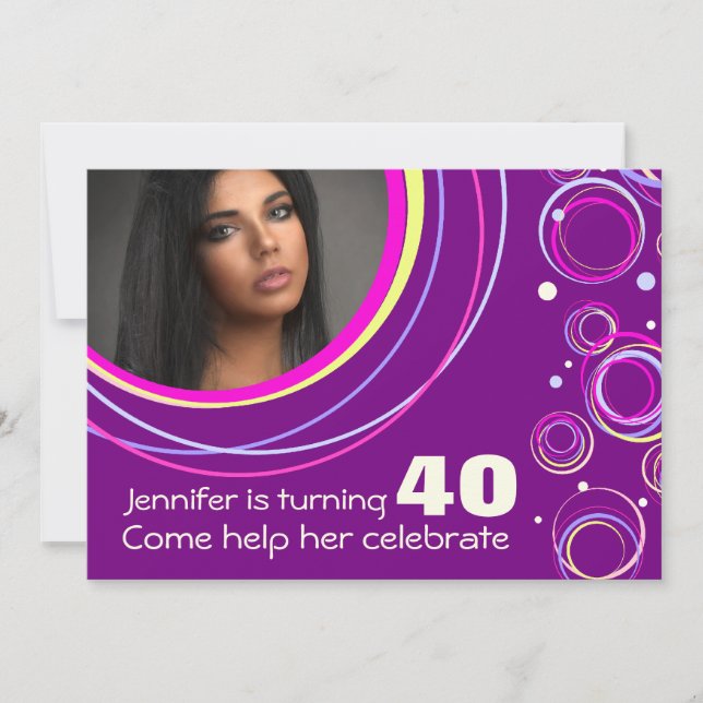 Add your photo funky 40th birthday invite purple einladung (Vorderseite)