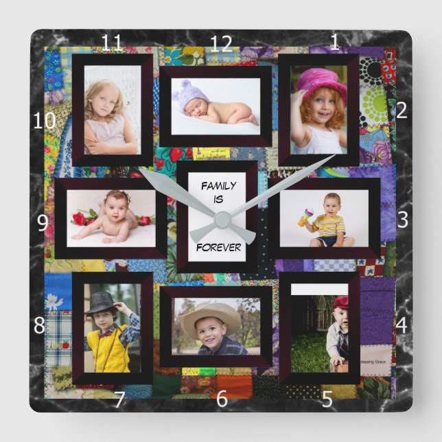 ADD YOUR PHOTOS COLLAGE  QUADRATISCHE WANDUHR (Vorderseite)