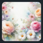Add Your Text Blank Template Watercolour Flowers Quadratischer Aufkleber<br><div class="desc">Add Your Text Watercolour Aquarell Flowers Blank Template Square Sticker.</div>