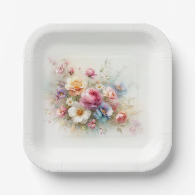 Add Your Text Elegant Template Watercolor Flowers Pappteller (Vorderseite)