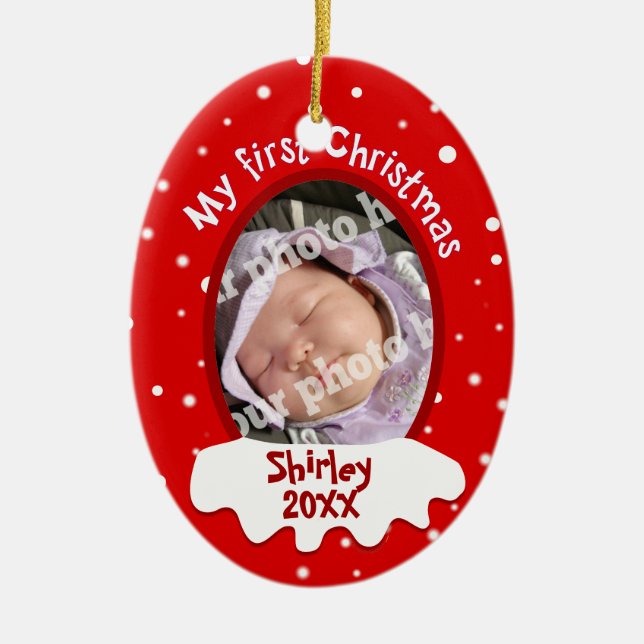 Addieren erstes Rot des Babys Weihnachtsihren Keramikornament (Vorne)