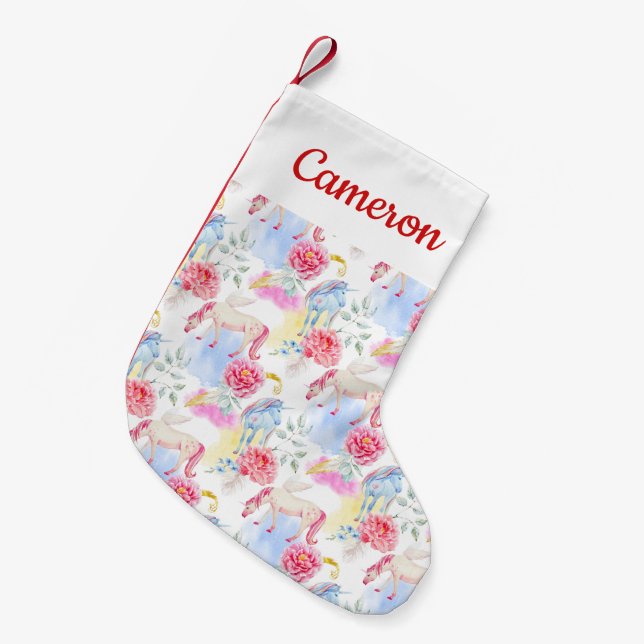 Addieren Sie Ihr Namens| Aquarell-Einhorn u. Kleiner Weihnachtsstrumpf (Vorderansicht (hängend))