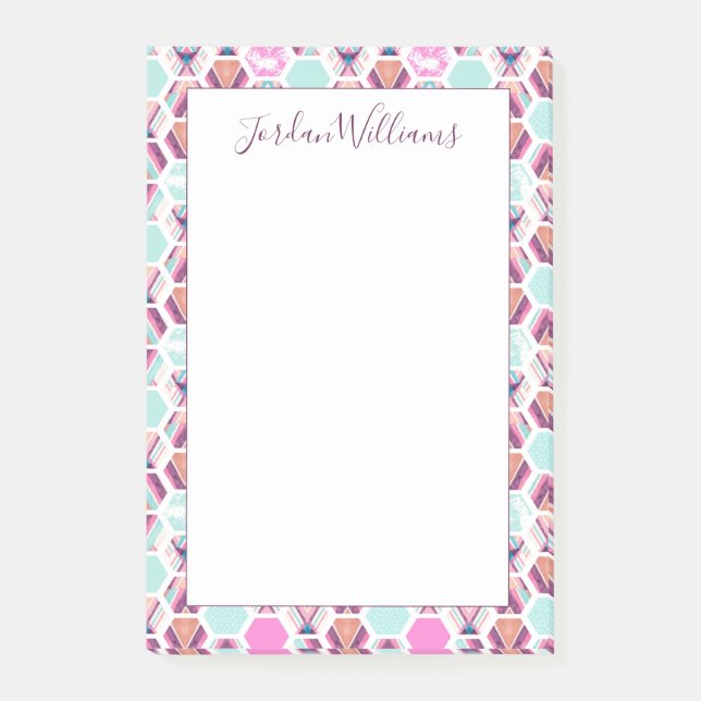 Addieren Sie Ihr Namens| Aquarell-Hexagon-Muster Post-it Klebezettel (Vorderseite)