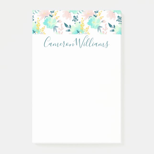 Addieren Sie Ihr Namens| BlumenAquarell-Muster Post-it Klebezettel (Vorderseite)