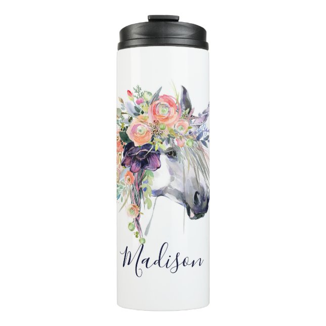 Addieren Sie Ihr Namens| gekleidetes BlumenEinhorn Thermosbecher (Vorderseite)
