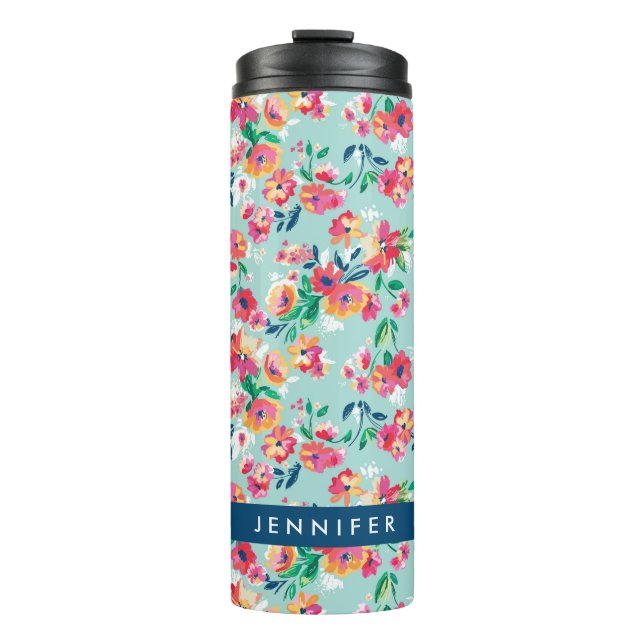 Addieren Sie Ihr Namens| gemaltes Blumen-Muster Thermosbecher (Vorderseite)