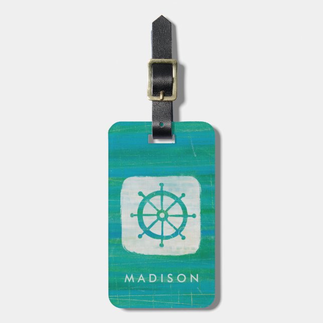 Addieren Sie Ihr Namens| Küstenaqua-Lenkrad der Gepäckanhänger (Vorderseite vertikal)