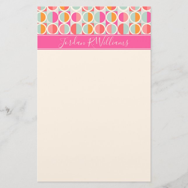 Addieren Sie Ihr Namens| Pink-Retro Kreis-Muster Briefpapier (Vorderseite)