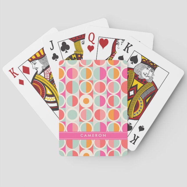 Addieren Sie Ihr Namens| Pink-Retro Kreis-Muster Spielkarten (Rückseite)