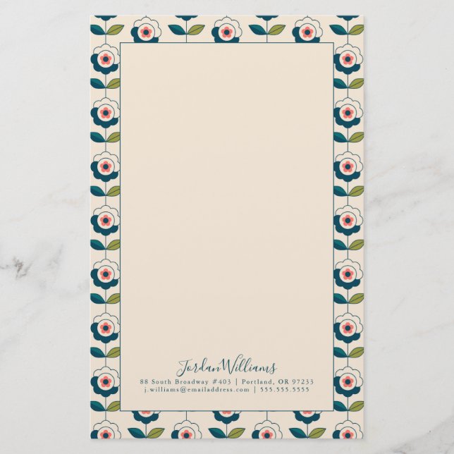 Addieren Sie Ihr Namens| Retro Türkis-Blumenmuster Briefpapier (Vorderseite)