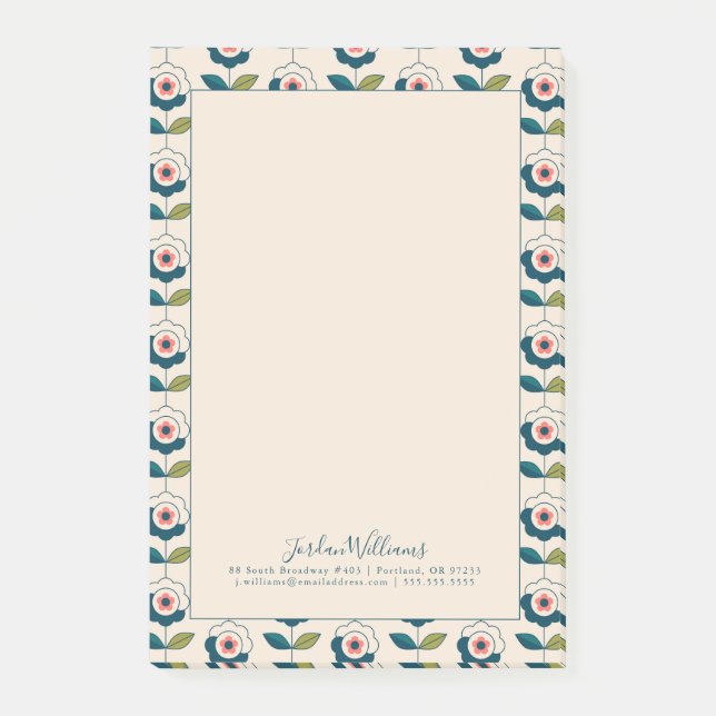 Addieren Sie Ihr Namens| Retro Türkis-Blumenmuster Post-it Klebezettel (Vorderseite)