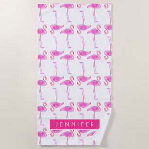Addieren Sie Ihr Namens rosa Flamingo-Muster Strandtuch