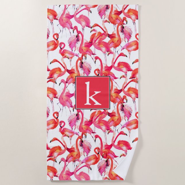 Addieren Sie Ihre Aquarell-Flamingos des Strandtuch (Vorderseite)