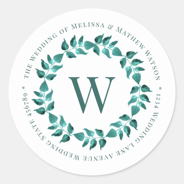 Address Aquamarin Monogram Wreath Wedding Umschlag Runder Aufkleber (Vorderseite)