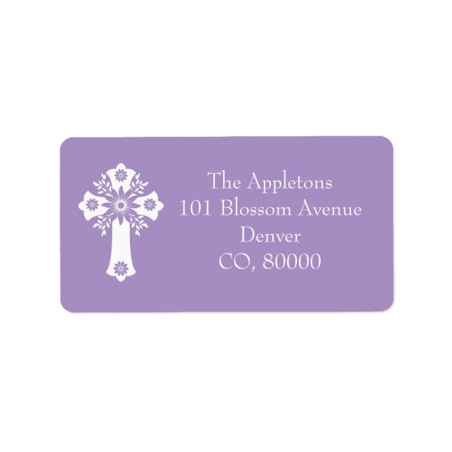Address Labels Floral Cross Christening Lilac Adressaufkleber (Vorne)