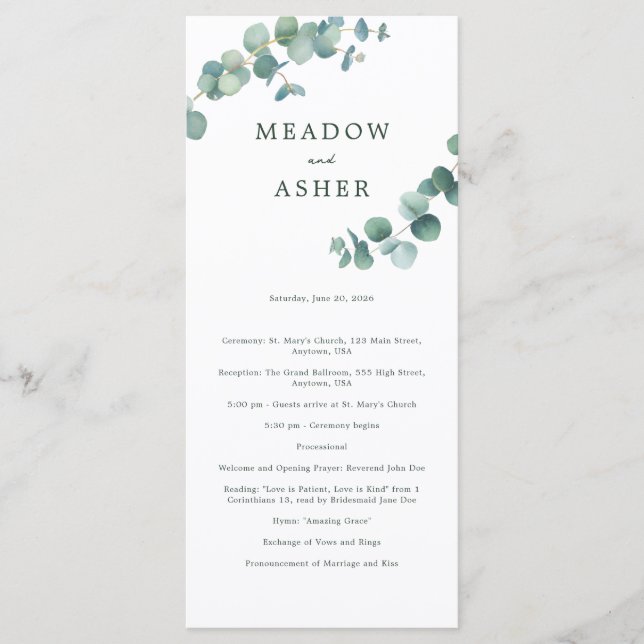Adelaide Watercolor Eucalyptus Wedding Program Programm (Vorderseite)