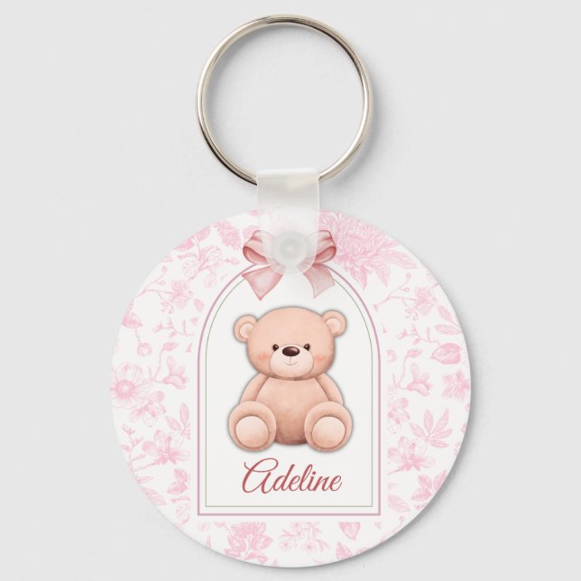 Adeline | Benutzerdefiniertes rosa Teddy-Bär-Kinde Schlüsselanhänger (Vorderseite)
