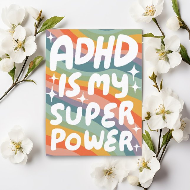 ADHD Super Power Fun Bubble Letters CUSTOM Postkarte (Cute handmade handlettering ADHD superpower uplifting postcard with rainbow colors)