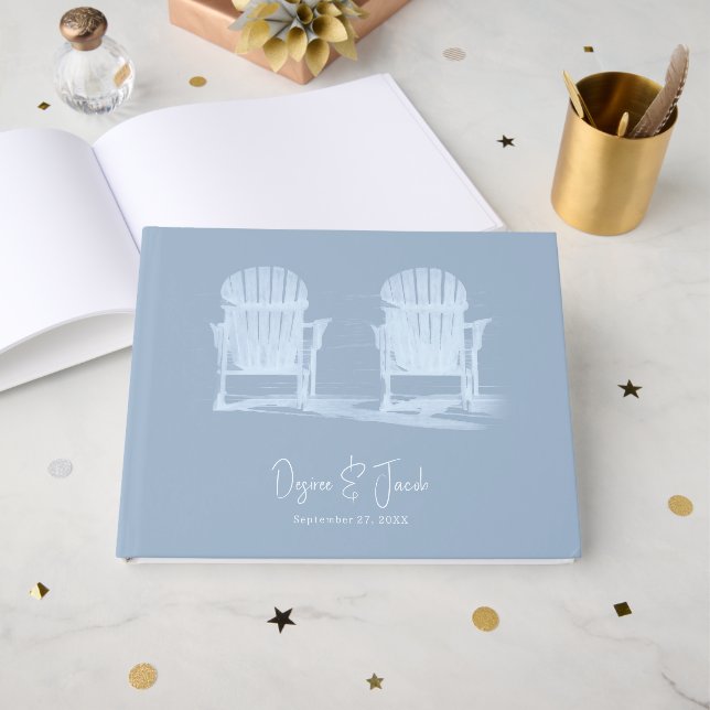 Adirondack Beach Stairs Dusty Blue White Wedding Gästebuch (Vorderseite Offen)