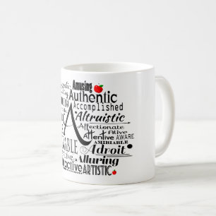 Adjektive Word Cloud beginnt mit Buchstabe A Kaffeetasse
