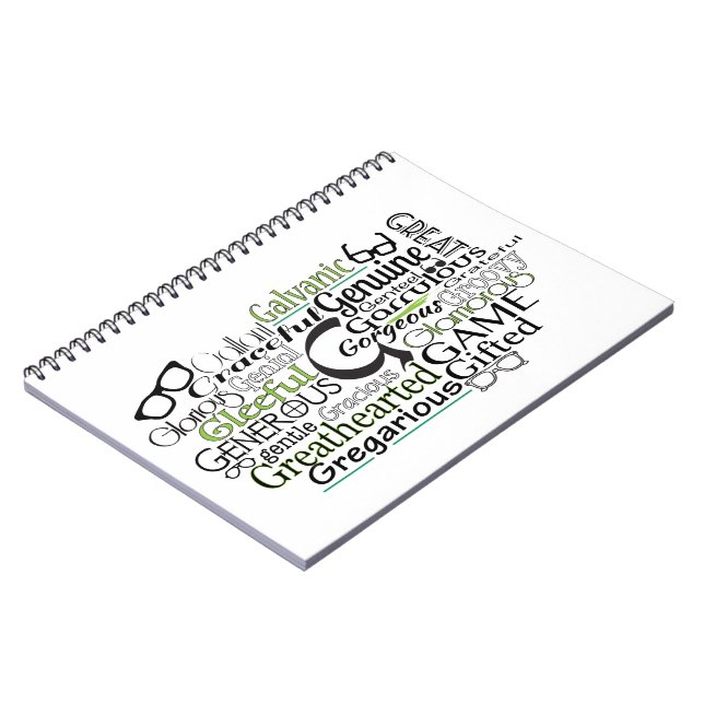 Adjektive Word Cloud beginnt mit Buchstabe G Notizblock (Linke Seite)