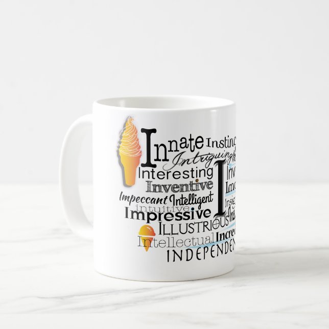 Adjektive Word Cloud beginnt mit Buchstabe I Kaffeetasse (Vorderseite Links)