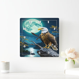Adler am Felsen unter Vollmond Quadratische Wanduhr