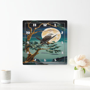Adler auf Baum in Vollmondnacht Quadratische Wanduhr