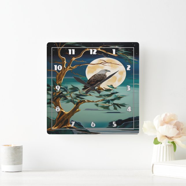 Adler auf Baum in Vollmondnacht Quadratische Wanduhr (Zuhause)