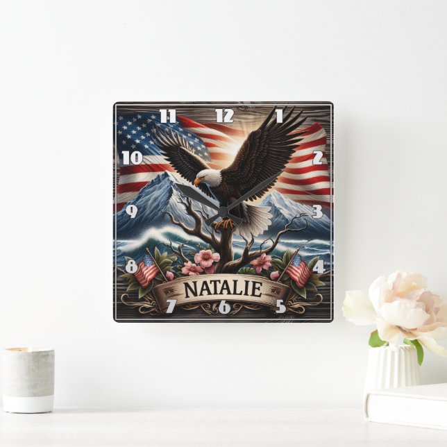 Adler auf Baum mit Hintergrund Quadratische Wanduhr (Zuhause)