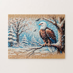 Adler auf Baum während des Schneefalls im Winter