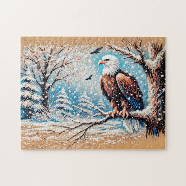 Adler auf Baum während des Schneefalls im Winter (Horizontal)