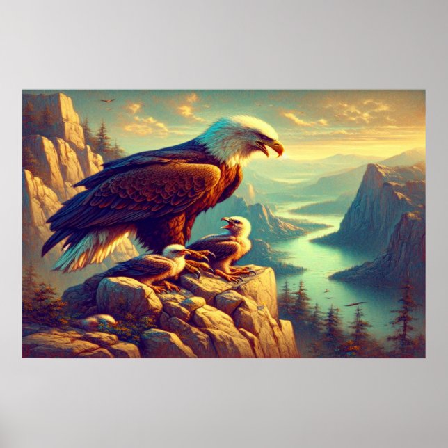 Adler auf dem Felsen mit seinen Babys Poster (Vorne)