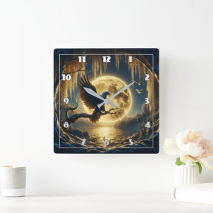 Adler auf dem Zweig am Vollmondlichtsee Quadratische Wanduhr