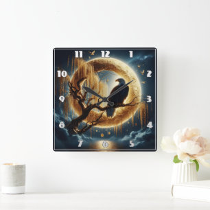Adler auf einem Zweig unter Vollmond Quadratische Wanduhr