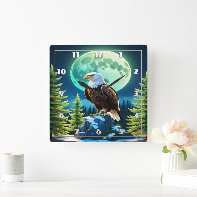Adler auf Felsen unter Vollmond Quadratische Wanduhr (Zuhause)