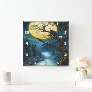 Adler auf Vollmond über dem Fluss Quadratische Wanduhr