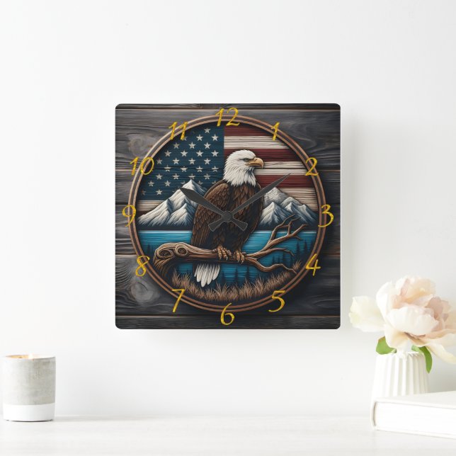Adler auf Zweig, amerikanische Flagge Quadratische Wanduhr (Zuhause)