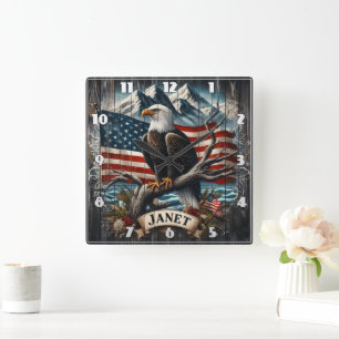 Adler auf Zweig mit Flagge Quadratische Wanduhr