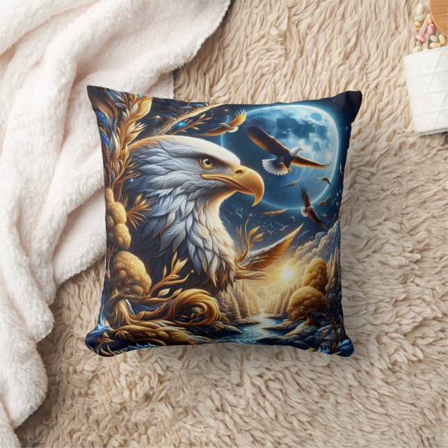 Adler auf Zweig unter dem Moonlit Himmel Kissen (Decke)
