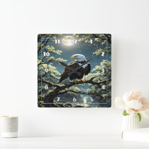 Adler auf Zweig unter dem Moonlit Himmel Quadratische Wanduhr