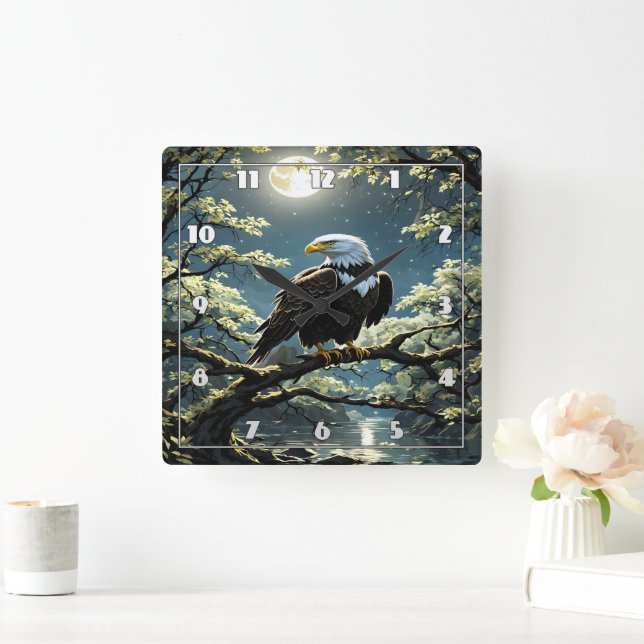 Adler auf Zweig unter dem Moonlit Himmel Quadratische Wanduhr (Zuhause)