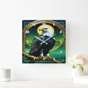 Adler auf Zweig unter dem Moonlit Himmel Quadratische Wanduhr