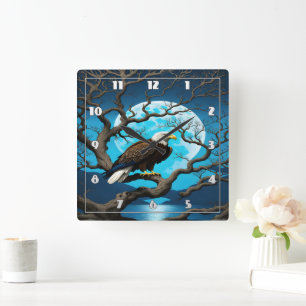 Adler auf Zweig unter dem Moonlit Himmel Quadratische Wanduhr