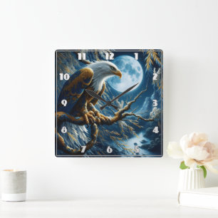 Adler auf Zweig unter dem Moonlit Himmel Quadratische Wanduhr