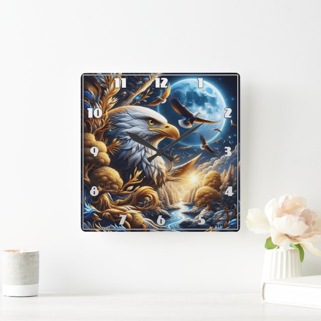 Adler auf Zweig unter dem Moonlit Himmel Quadratische Wanduhr (Zuhause)