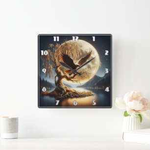 Adler auf Zweig unter Vollmond Quadratische Wanduhr