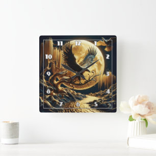 Adler auf Zweig unter Vollmond Quadratische Wanduhr
